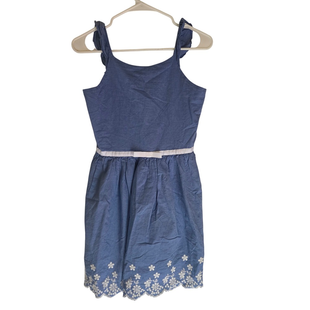 Zunie Girl Blue Chambray Eyelet Floral Hem‎ Dress Kids XL 14/16 Cottage Core